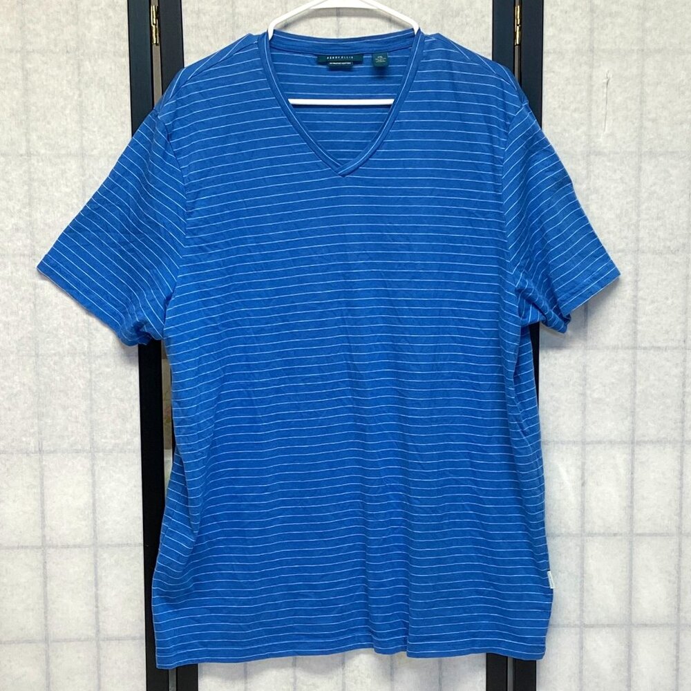 Perry Ellis V-Neck Blue White Stripe Cotton T-Shirt XXL Short Sleeve Casual Tee